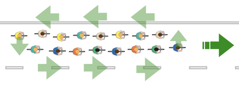 Diagram of riders rotating in an anti-clockwise rolling-turn formation